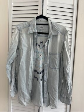 Rails Light Wash Denim Shirt with Blue Embroidered Accent and rips